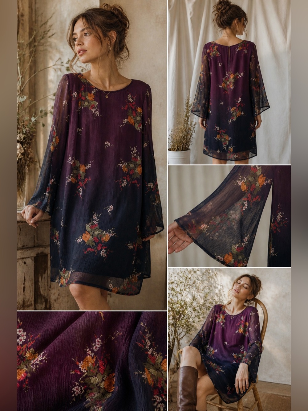 Sundance Floral Ombré Sheer Dress Boho Bell Sleeve SP Romantic Whimsigoth Artsy